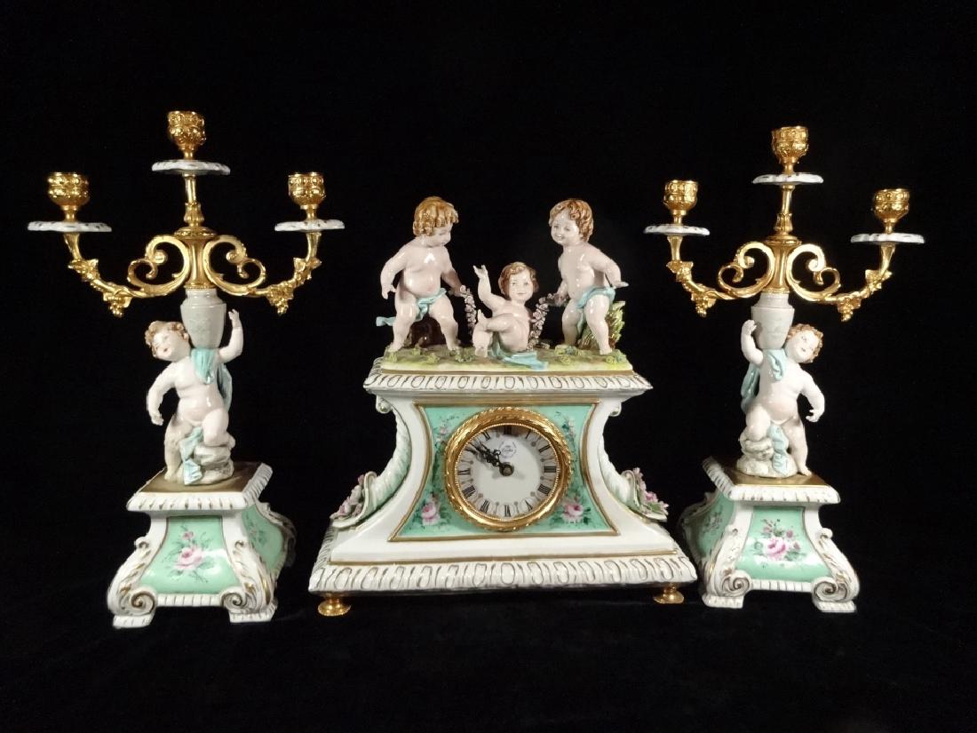 3 PC TICHE PORCELAIN FIGURAL CLOCK WITH GARNITURE, (1 of 14)