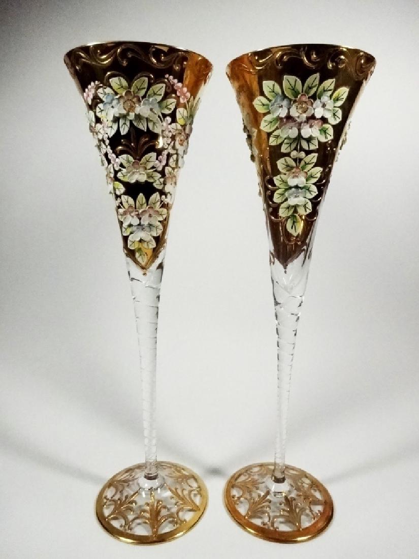 PAIR CHAMPAGNE TOASTING FLUTES, APPLIED FLORAL DESIGN, (1 of 11)