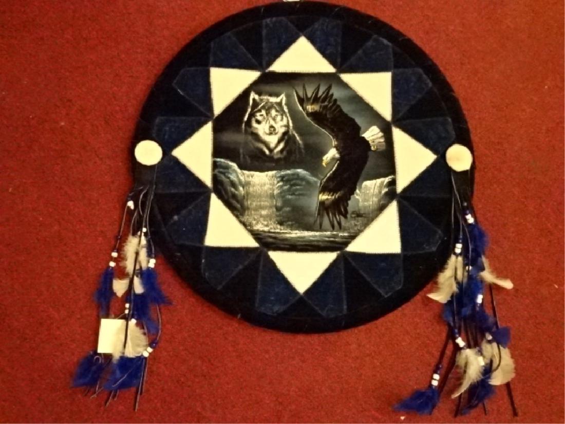 NATIVE AMERICAN PAINTING ON HIDE, WOLF AND EAGLE, WITH: NATIVE AMERICAN PAINTING ON HIDE, WOLF AND EAGLE, WITH WOOD, FUR, AND FEATHER FRAME, VERY GOOD CONDITION, 21"W", SKU318.02