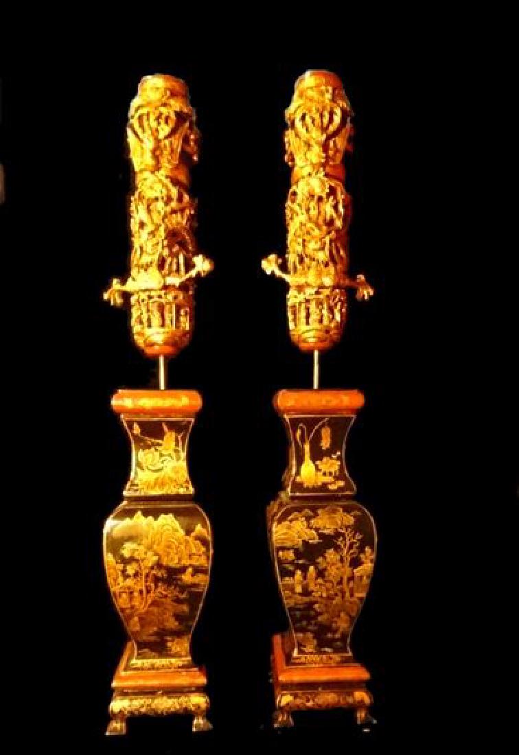 PAIR CHINESE QING DYNASTY CANDLESTICKS, 19TH C., GILT (1 of 10)