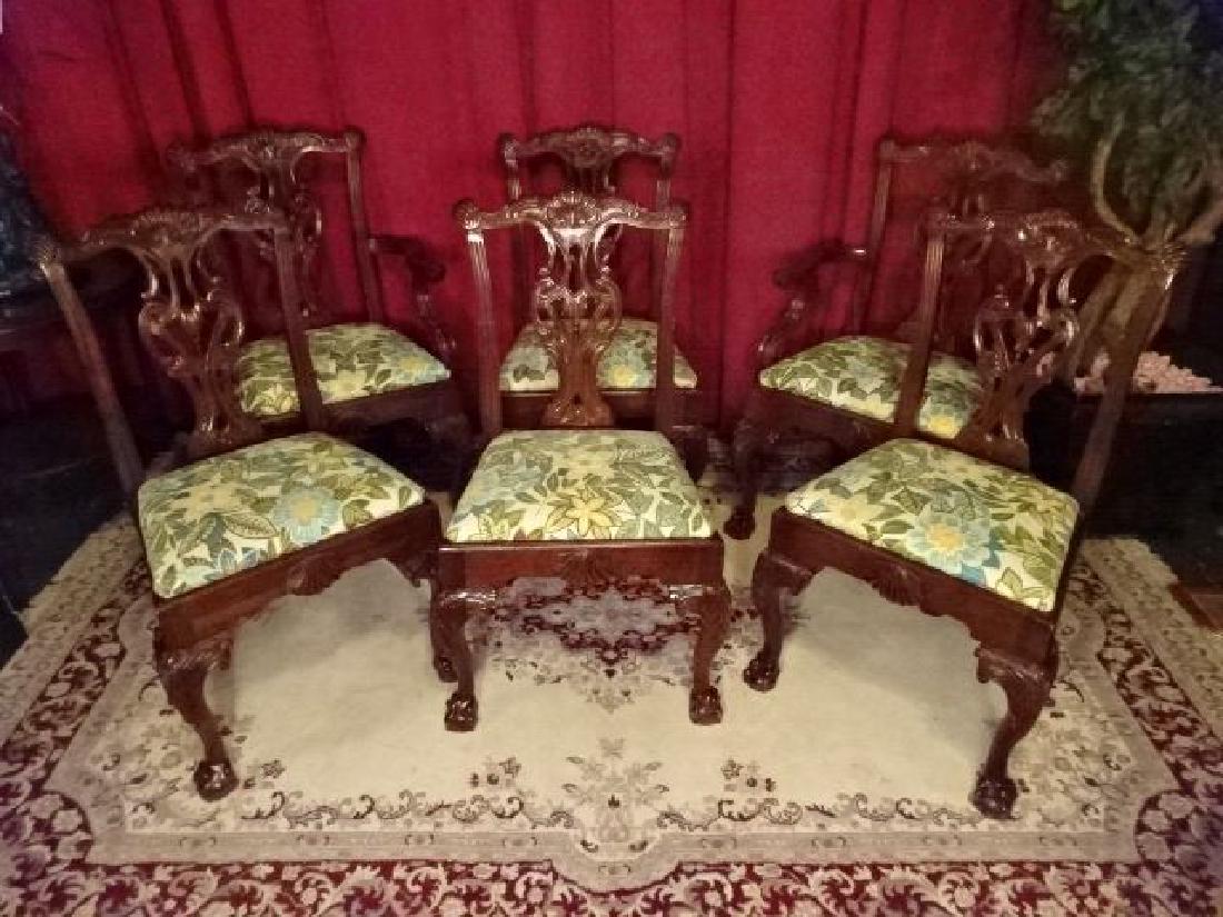 6 CHIPPENDALE DINING CHAIRS (2 ARMCHAIRS, 4 SIDE: 6 CHIPPENDALE DINING CHAIRS (2 ARMCHAIRS, 4 SIDE CHAIRS), BALL AND CLAW FEET, DARK FINISH, UPHOLSTERED SEATS, VERY GOOD GENTLY USED CONDITION, 38" X 26"W X 18", SKU317.07