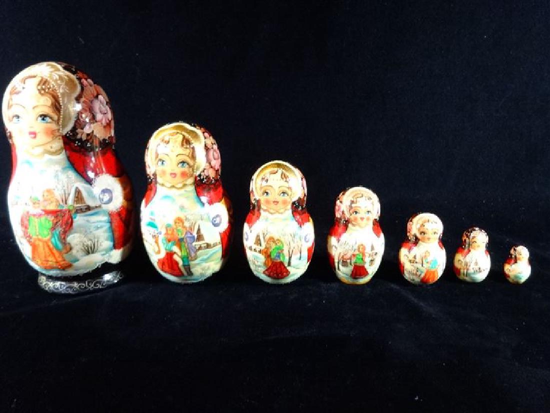 7 PC RUSSIAN MATYROSHKA NESTING DOLLS, RED JACKETS, (1 of 2)