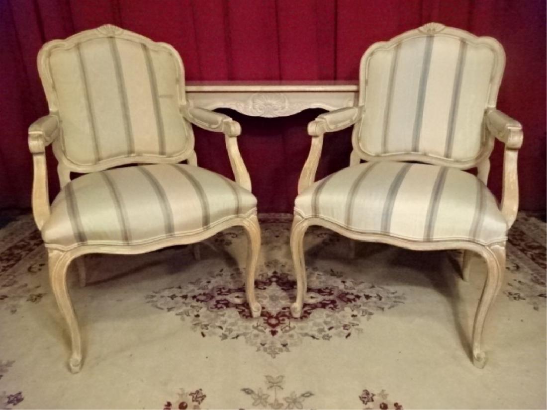 PAIR LOUIS XV STYLE ARMCHAIRS, LIGHT FINISH WOOD (1 of 7)