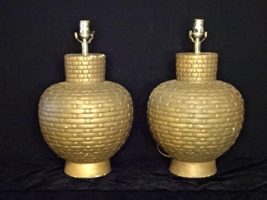 PAIR MID CENTURY CERAMIC LAMPS, RATTAN BASKET MOTIF, (1 of 5)