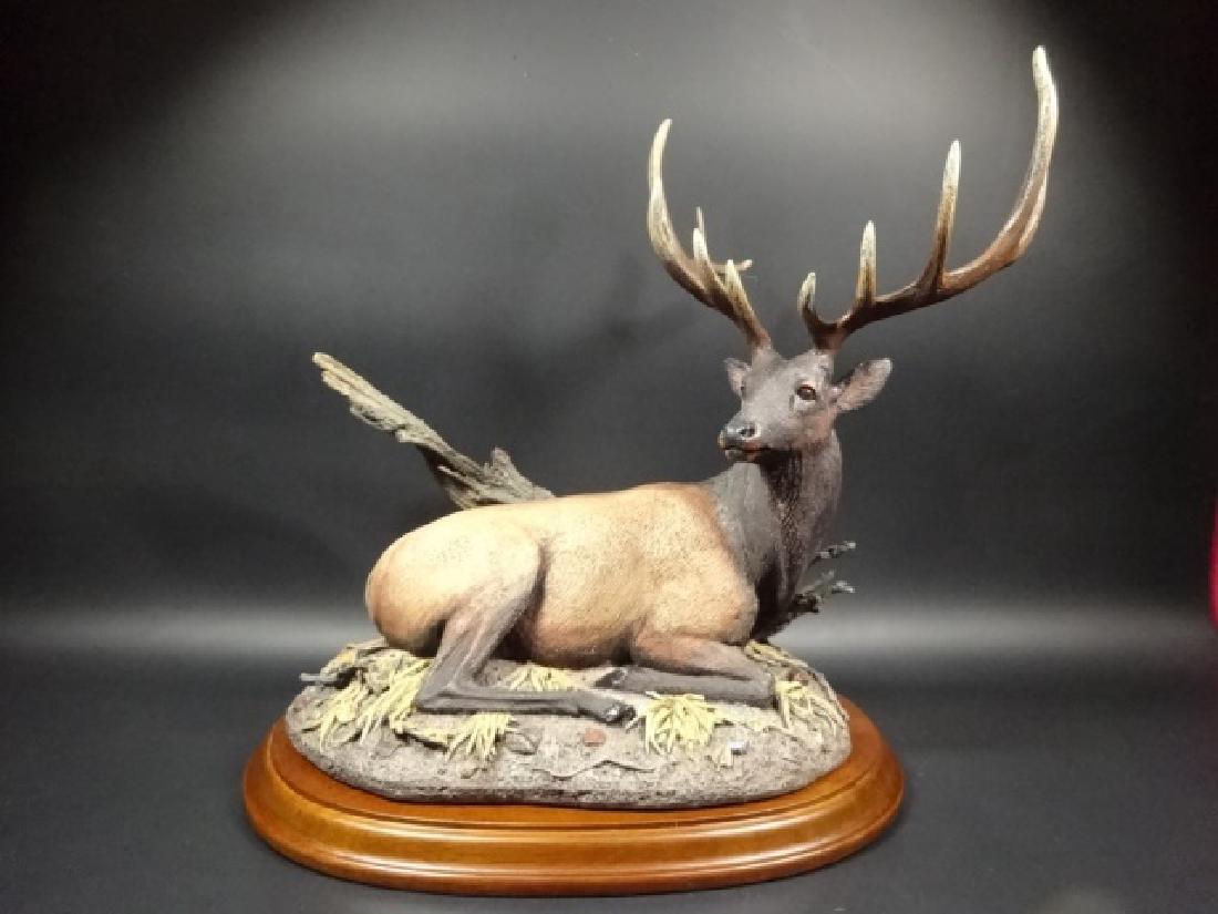 HAND PAINTED STAG SCULPTURE, THE GUARDIAN, BY BRUCE: HAND PAINTED STAG SCULPTURE, THE GUARDIAN, BY BRUCE MILLER AND CURTIS CHRISTENSEN, DANBURY MINT, WITH CERTIFICATE, APPROX 9.75"H, ORIGINAL INTERIOR FITTED PACKAGING MATERIAL INCLUDED (BOX NOT INCLUDED
