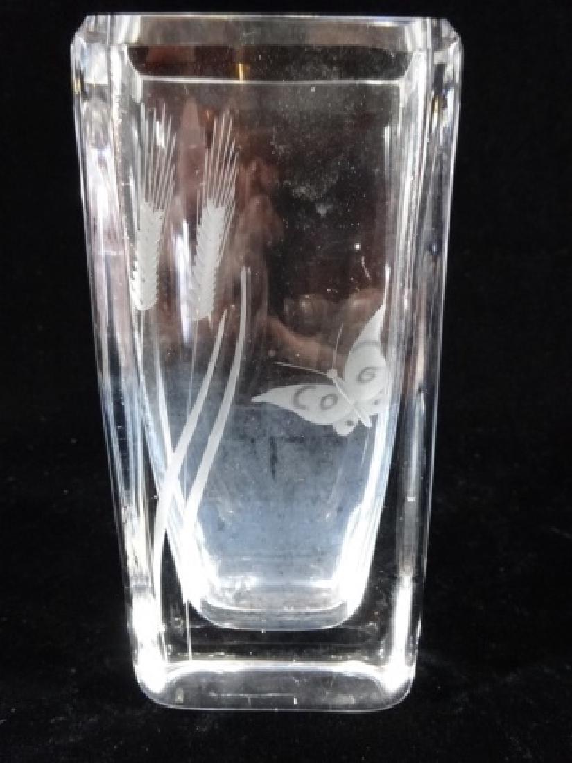 MID CENTURY CRYSTAL VASE, ETCHED BUTTERFLY DESIGN, (1 of 4)