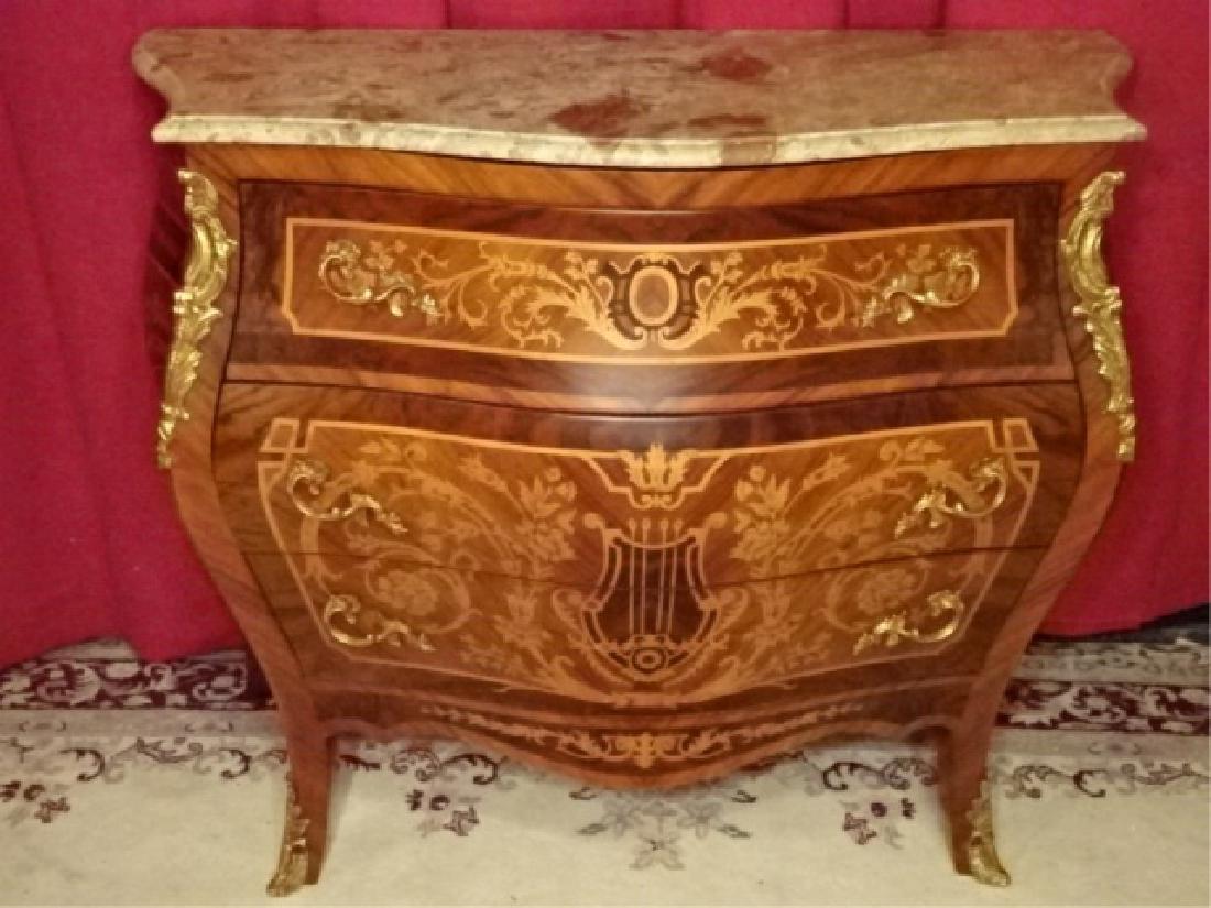 LOUIS XV STYLE MARQUETRY BOMBE CHEST, MARBLE TOP WITH (1 of 9)