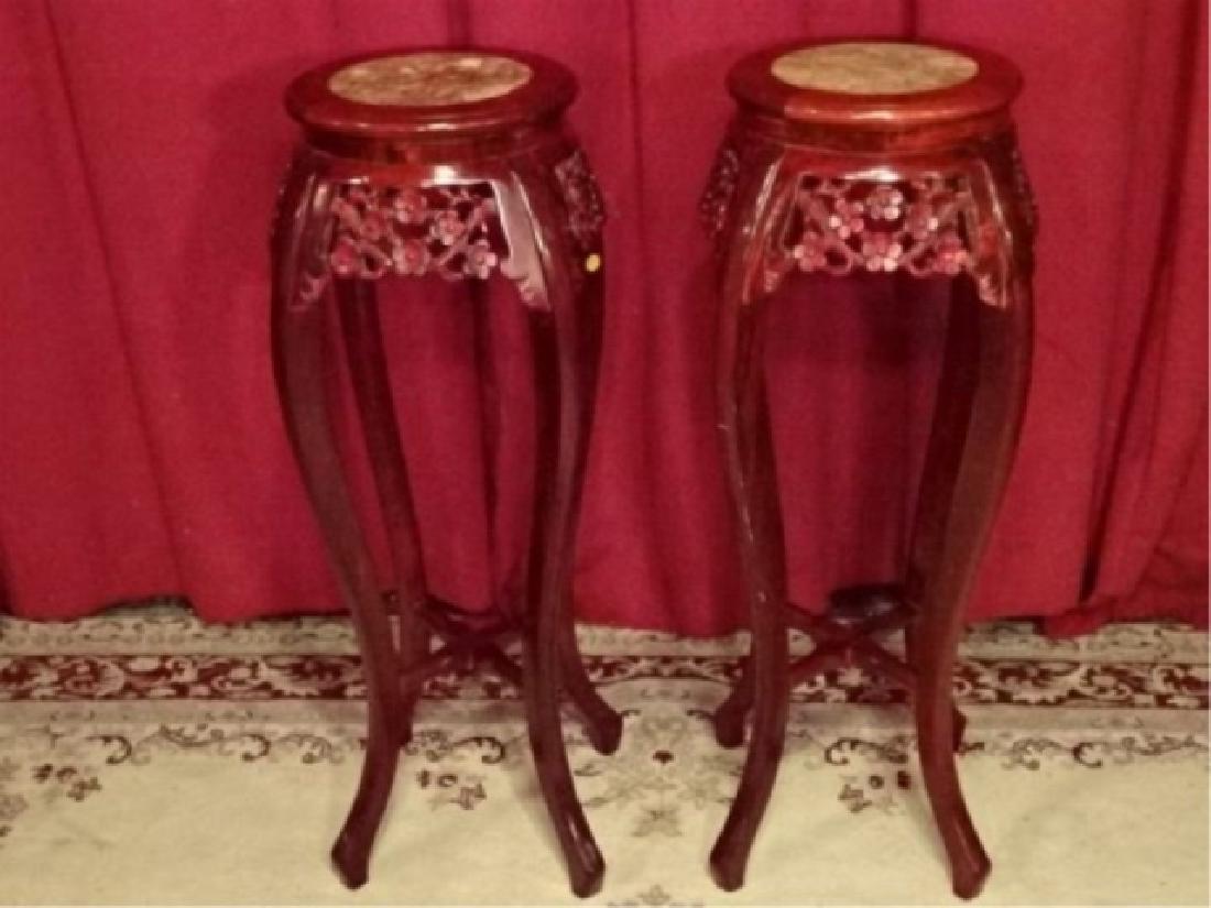 PAIR CHINESE CARVED WOOD PEDESTALS, MARBLE TOPS, CARVED (1 of 6)
