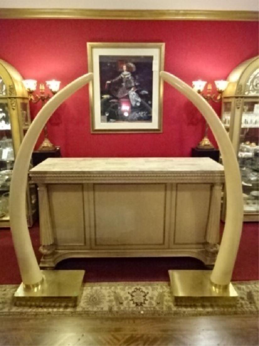 PAIR MONUMENTAL CARVED WOOD TUSKS, ENAMELED FINISH, (1 of 6)