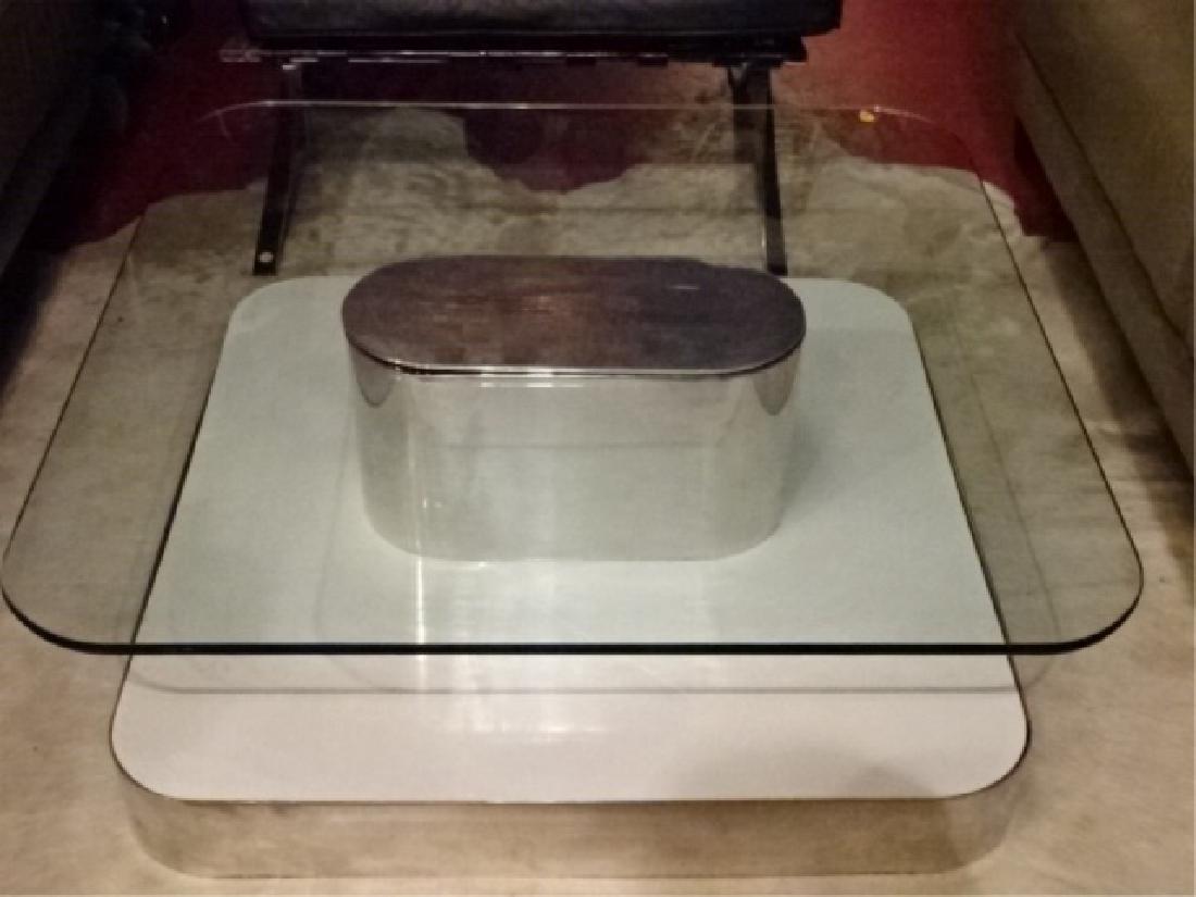 1970's GLASS AND POLISHED ALUMINUM COFFEE TABLE WITH (1 of 8)