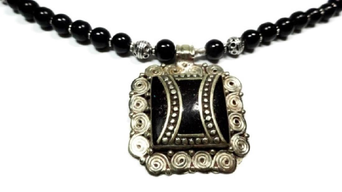 TIBETAN PENDANT NECKLACE, SILVER TONE WITH BLACK & RED (1 of 6)