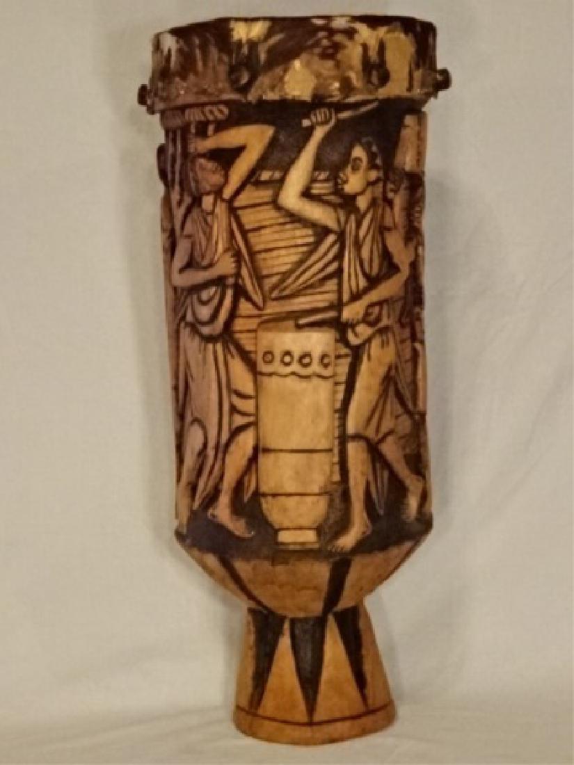 AFRICAN CARVED WOOD DRUM, STEER HIDE TOP, RELIEF CARVED (1 of 8)