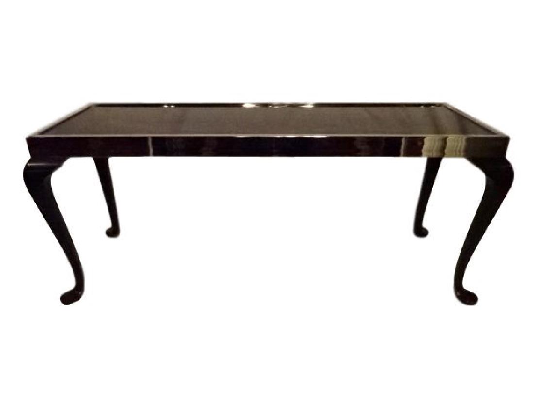 MID CENTURY MODERN CHROME AND WOOD CONSOLE, BLACK GLASS (1 of 5)