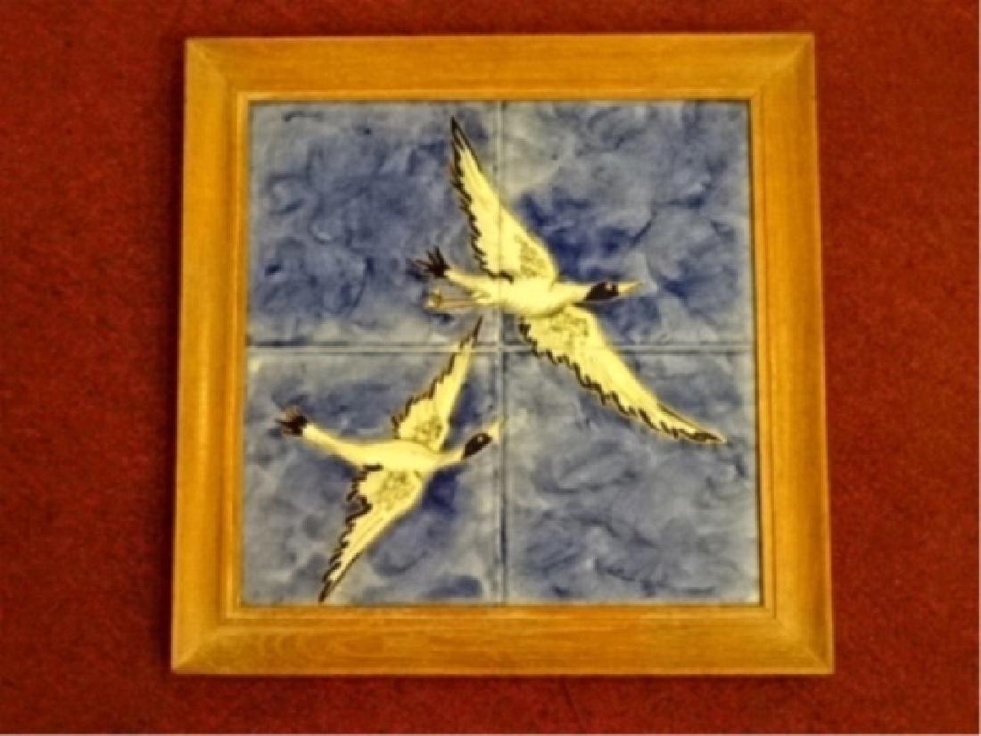 FRAMED HAND PAINTED TILES, 2 FLYING DUCKS, VERY GOOD (1 of 5)