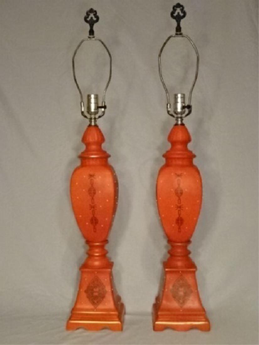 PAIR MID CENTURY CERAMIC LAMPS, TANGERINE ORANGE GLAZE (1 of 7)