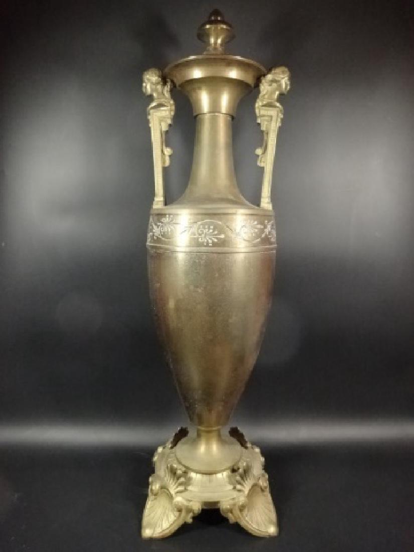 BRASS URN LAMP BASE, FIGURAL HANDLES, SHINY BRASS (1 of 5)