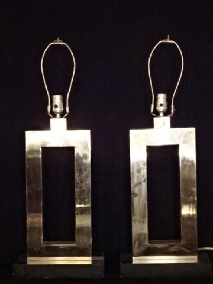PAIR MODERN CHROME TABLE LAMPS, RECTAGULAR OPEN BASES, (1 of 5)