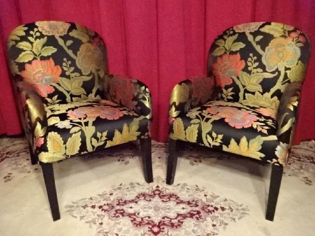 PAIR CONTEMPORARY ARM CHAIRS, EMBROIDERED TROPICAL (1 of 7)