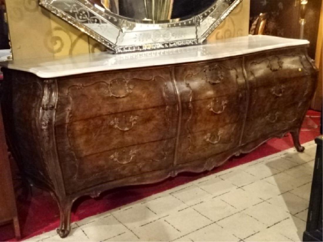 ROCOCO BURL WOOD BOMBE CHEST, BEVELED WHITE MARBLE TOP, (1 of 10)