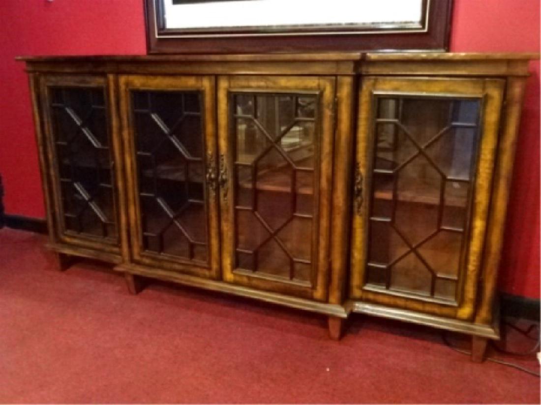 CONSOLE CABINET, 4 FRETWORK GLASS DOORS, BRASS PULLS, (1 of 8)