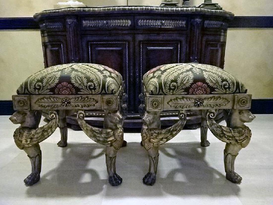 PAIR ORNATE GRIFFIN BASE OTTOMANS, SILVER / GOLD (1 of 8)
