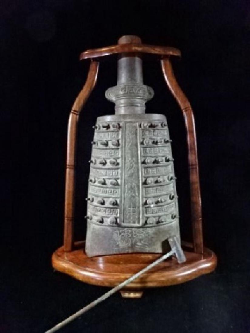 ASIAN BRONZE BELL ON WOOD STAND, WITH BRONZE MALLOT, (1 of 6)