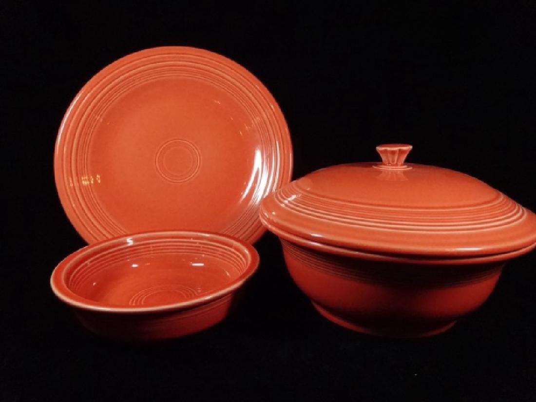 3 PC FIESTAWARE FLAMINGO SERVEWARE, INCLUDES PLATE,: 3 PC FIESTAWARE FLAMINGO SERVEWARE, INCLUDES PLATE, BOWL & SERVING BOWL WITH LID, MARKED FIESTA