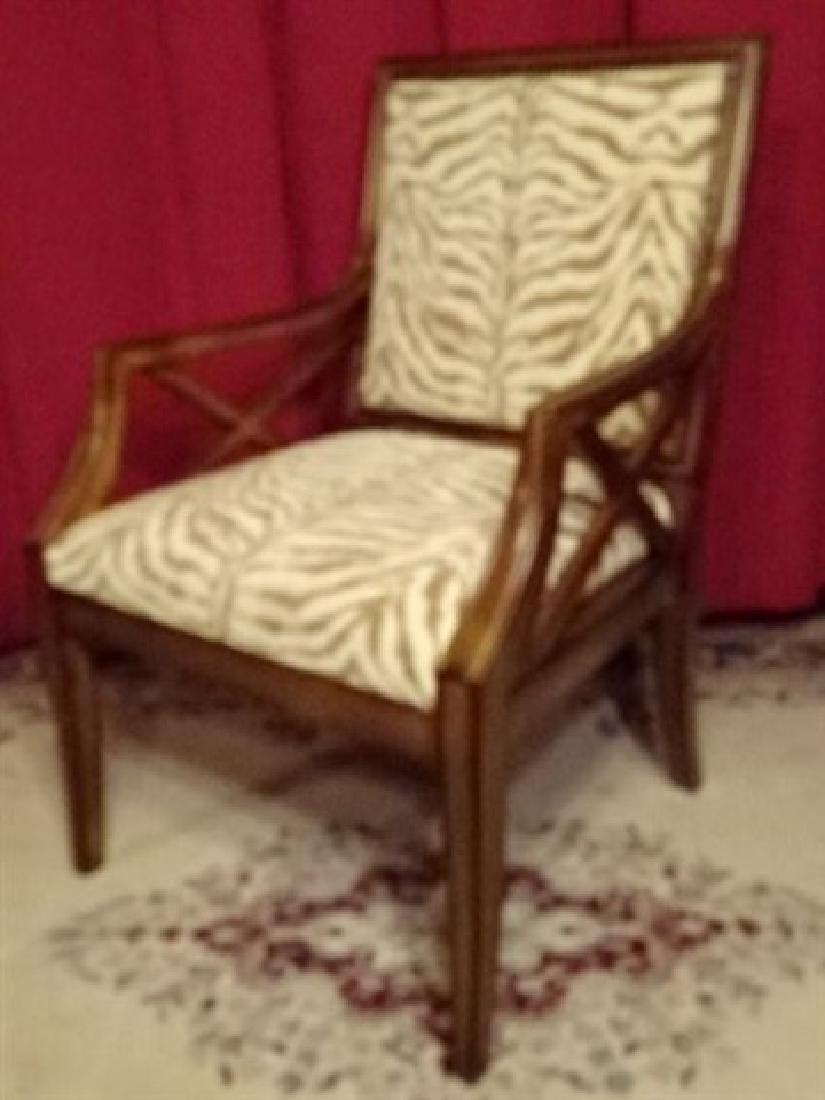 CONTEMPORARY ZEBRA STRIPE ARM CHAIR, WOOD FRAME WITH: CONTEMPORARY ZEBRA STRIPE ARM CHAIR, WOOD FRAME WITH CROSS BACK DESIGN, VERY GOOD LIGHTLY USED CONDITION, 39"HX 22.5"W X 25"D, SKU385.07