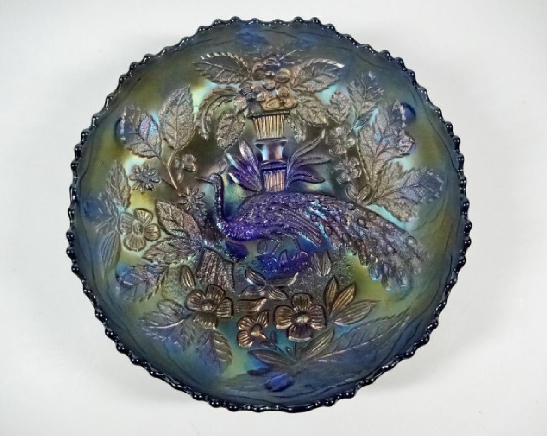 BLUE CARNIVAL GLASS PEACOCK BOWL, IRIDESCENT FINISH, (1 of 4)