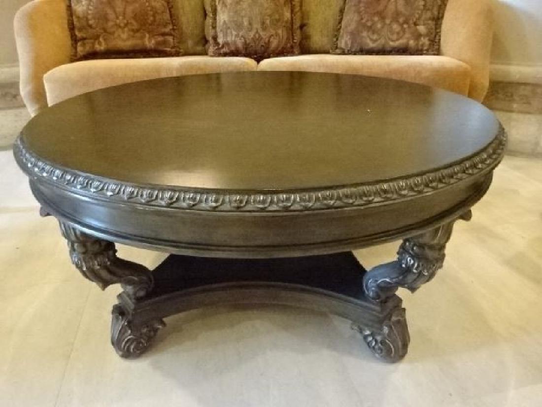NEOCLASSICAL WOOD COFFEE TABLE, DARK FINISH, LION PAW: NEOCLASSICAL WOOD COFFEE TABLE, DARK FINISH, LION PAW FEET, #1 OF 3 IDENTICAL TABLES AVAILABLE (SOLD SEPARATELY), VERY GOOD LIGHTLY USED CONDITION, 41"W X 20"H, SKU420