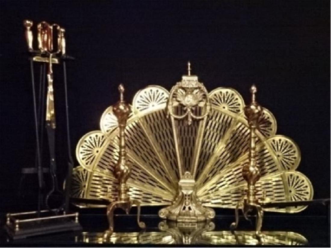 8 PC BRASS FIREPLACE SET WITH PEACOCK FOLDING SCREEN, 2 (1 of 6)