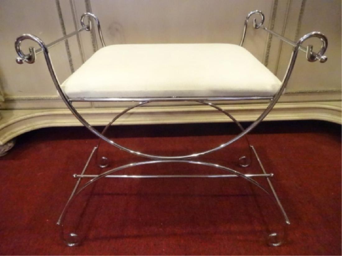 MODERN CHROME BENCH, WHITE VINYL UPHOLSTERED CUSHION, (1 of 5)
