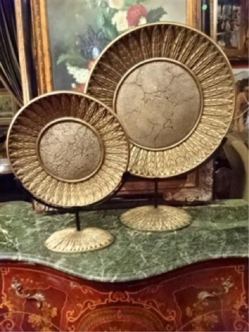 2 PC SET DECORATIVE PLATTERS ON METAL STAND, GOLD (1 of 3)