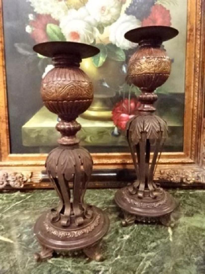 2 PC ORNATE PILLAR CANDLESTICKS, BRONZE FINISH METAL (1 of 3)