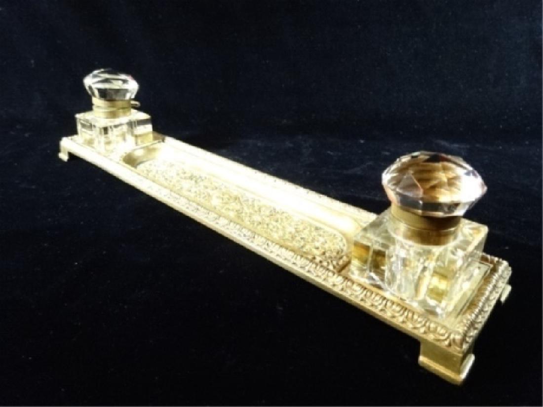 2 CRYSTAL AND BRASS INKWELLS ON RECTANGULAR BRASS TRAY, (1 of 5)