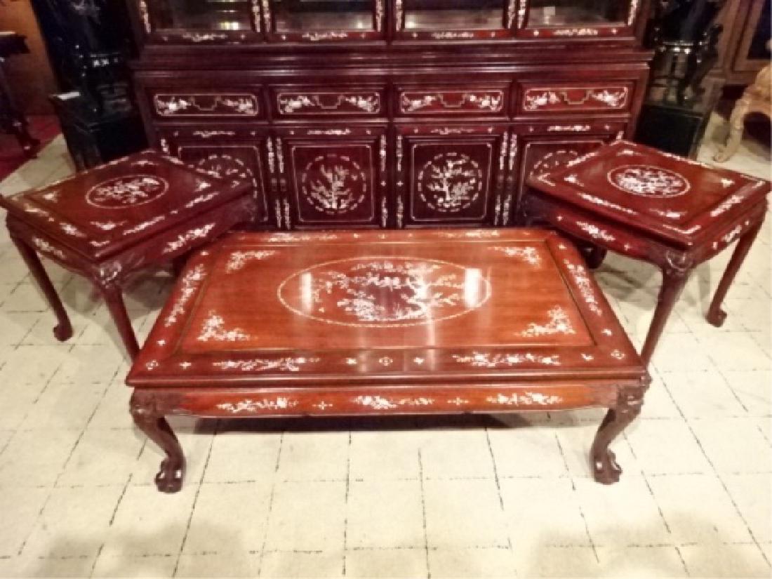 3 Pc Chinese Rosewood Table Set Mother Of Pearl Inlaid
