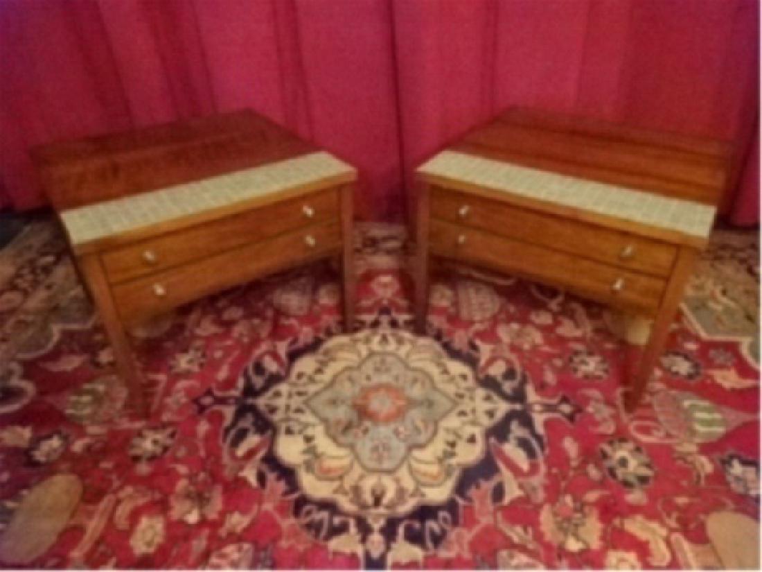 PAIR LANE MID CENTURY MODERN TABLES, WALNUT WITH TILE (1 of 6)