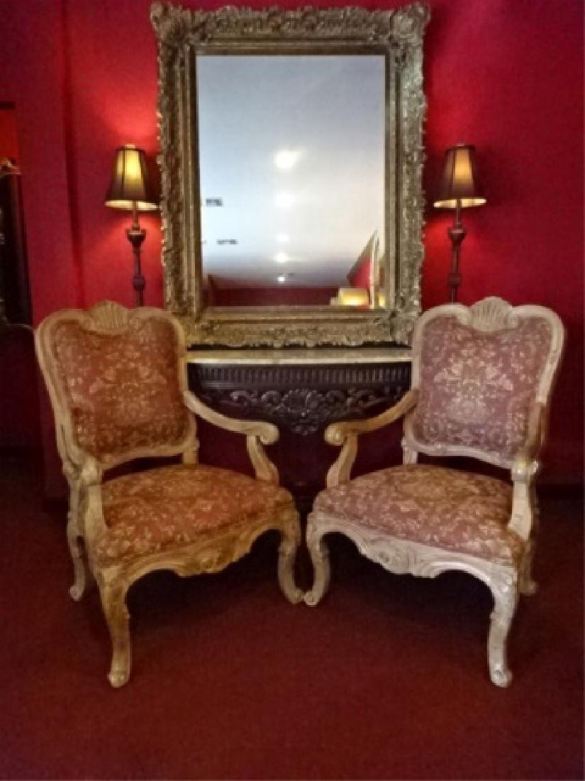 PAIR GEORGIAN OPEN ARMCHAIRS, LIGHT FINISH WOOD FRAMES, (1 of 8)