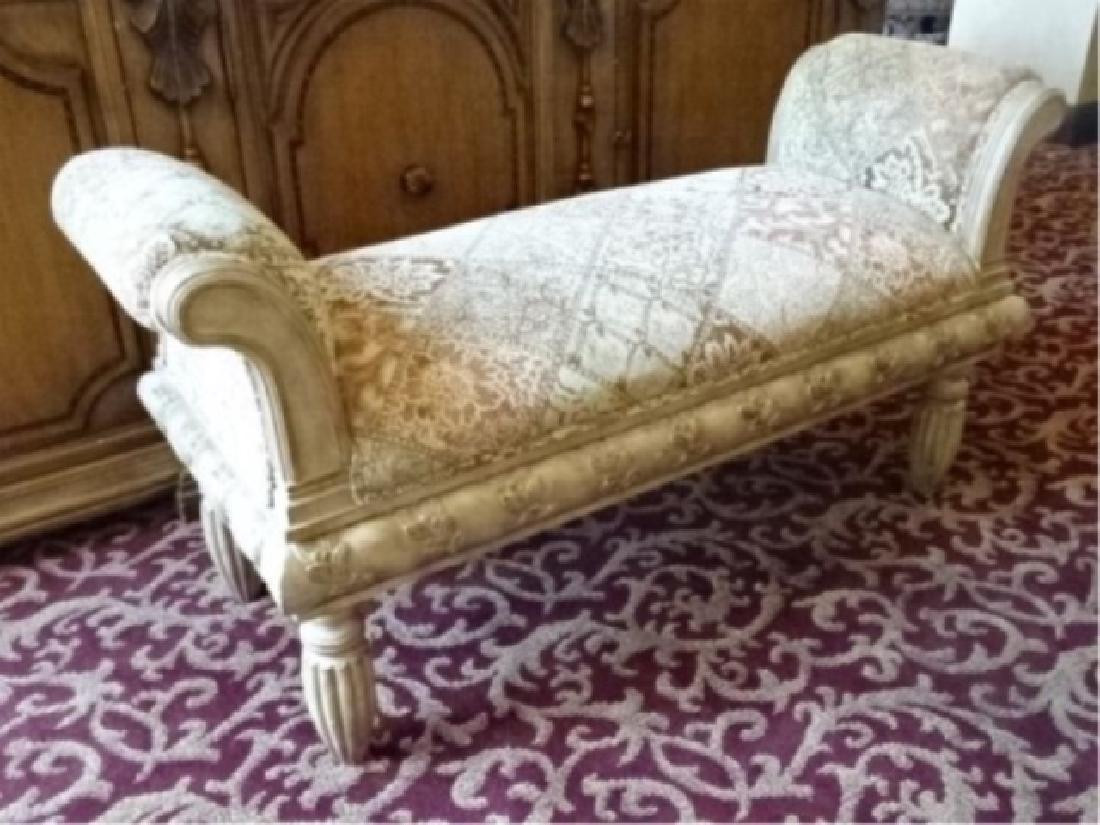 CURVED ARM BENCH, UPHOLSTERED SEAT AND ARMS, ANTIQUED (1 of 7)