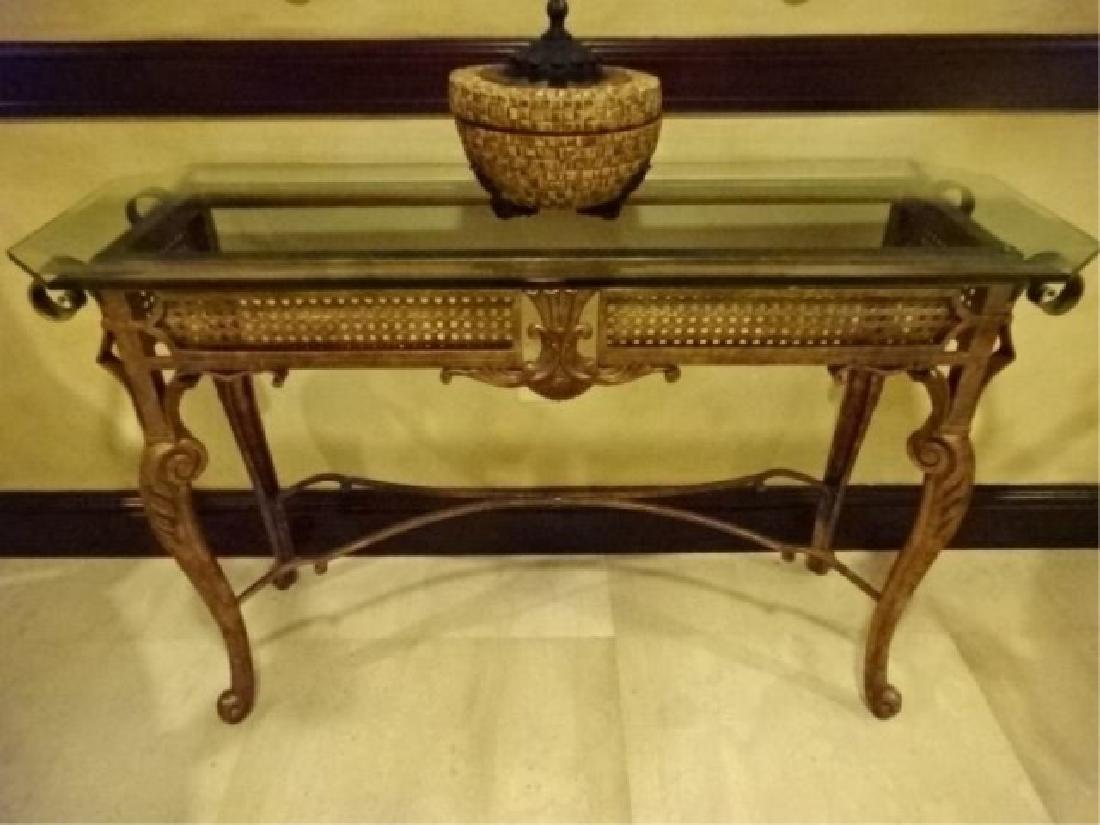 CHIPPENDALE STYLE METAL CONSOLE TABLE, BEVELED GLASS (1 of 4)