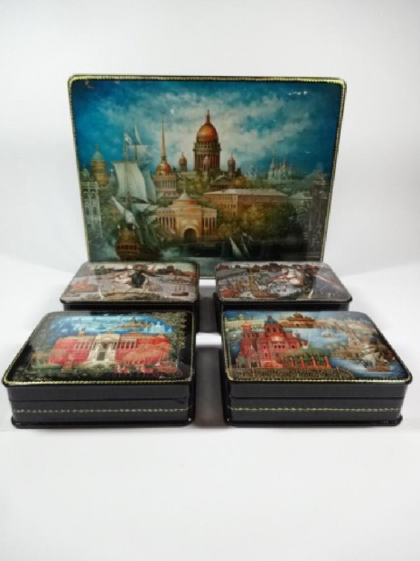 5 PC RUSSIAN HAND PAINTED LACQUERED BOXES, LARGE BOX (1 of 9)