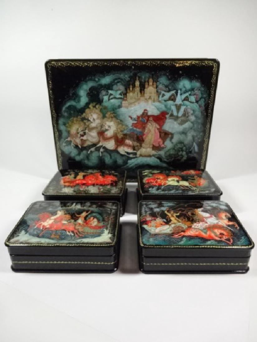 5 PC RUSSIAN HAND PAINTED LACQUERED BOXES, LARGE BOX (1 of 9)