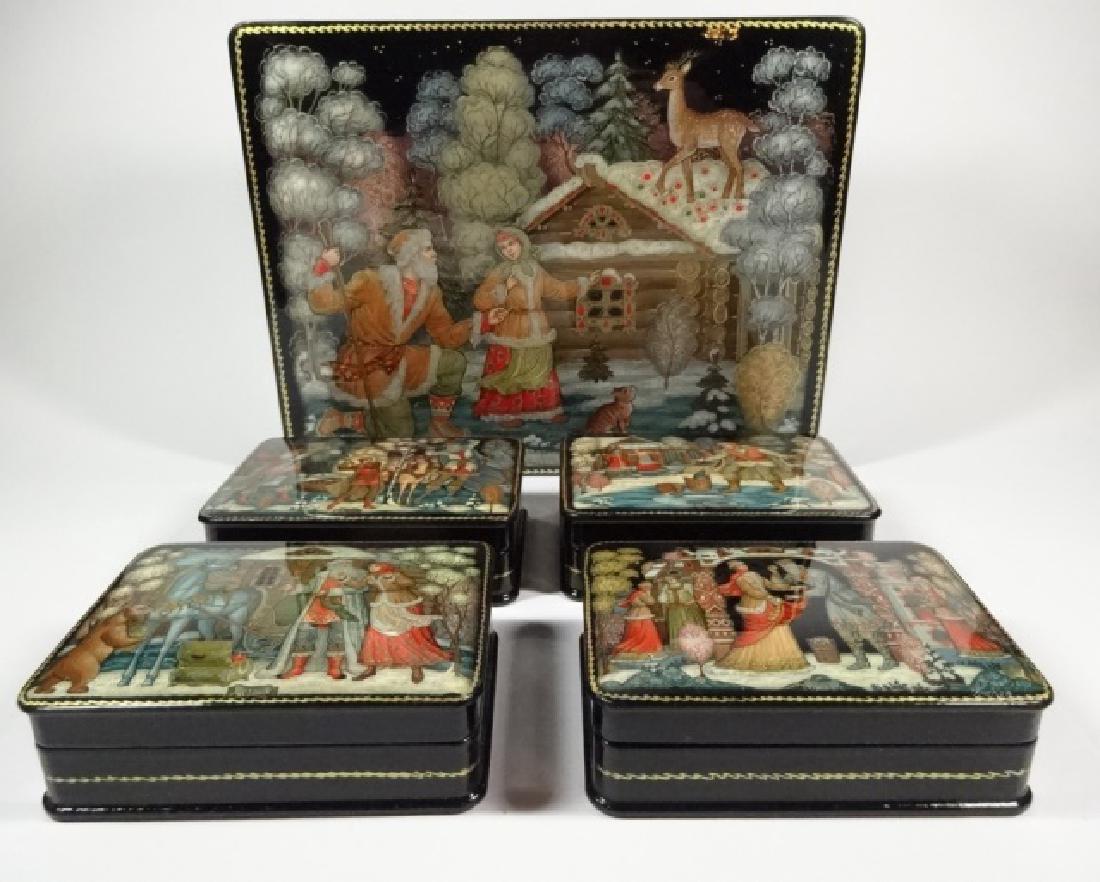 5 PC RUSSIAN HAND PAINTED LACQUERED BOXES, LARGE BOX (1 of 8)