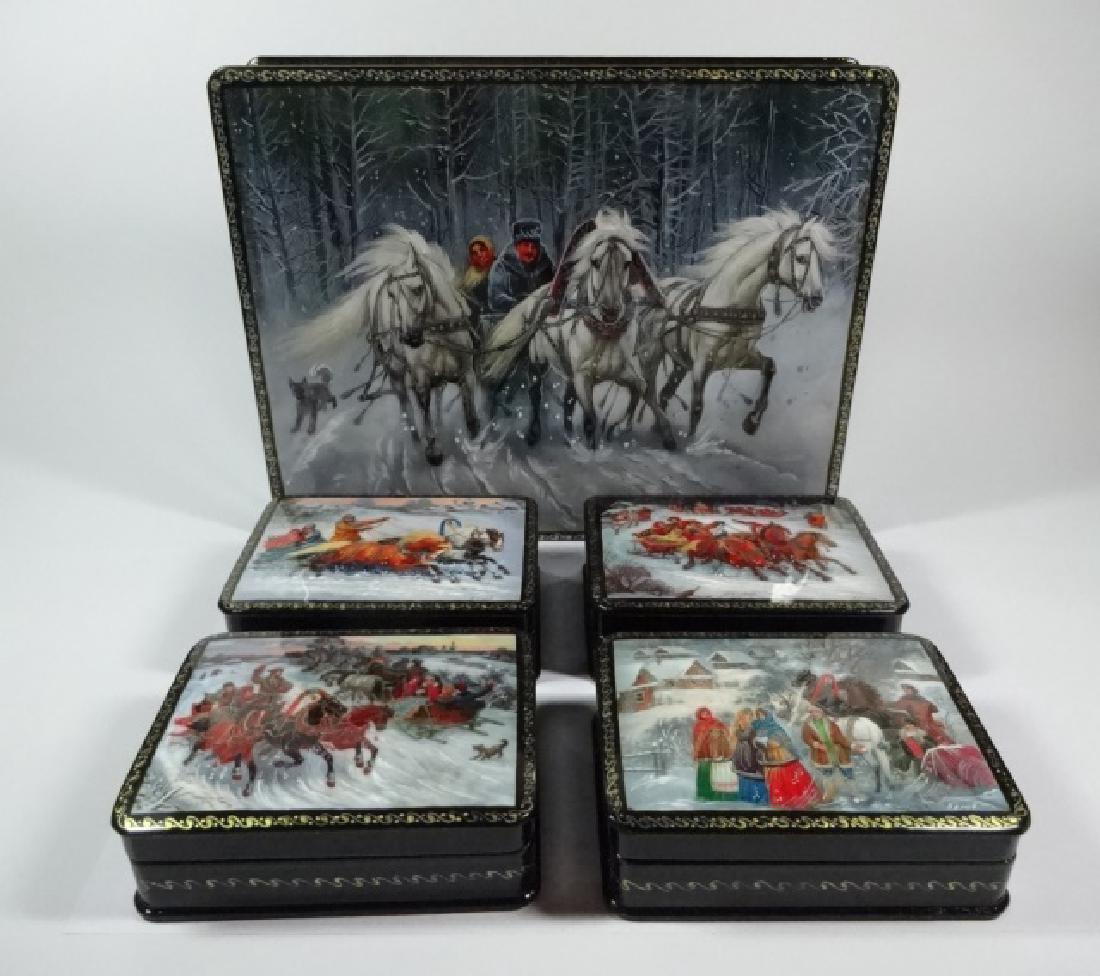 5 PC RUSSIAN HAND PAINTED LACQUERED BOXES, LARGE BOX (1 of 8)