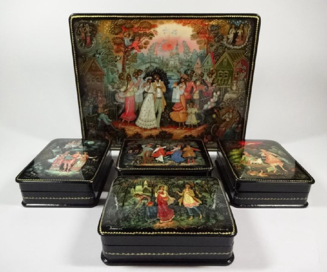 5 PC RUSSIAN HAND PAINTED LACQUERED BOXES, LARGE BOX (1 of 9)