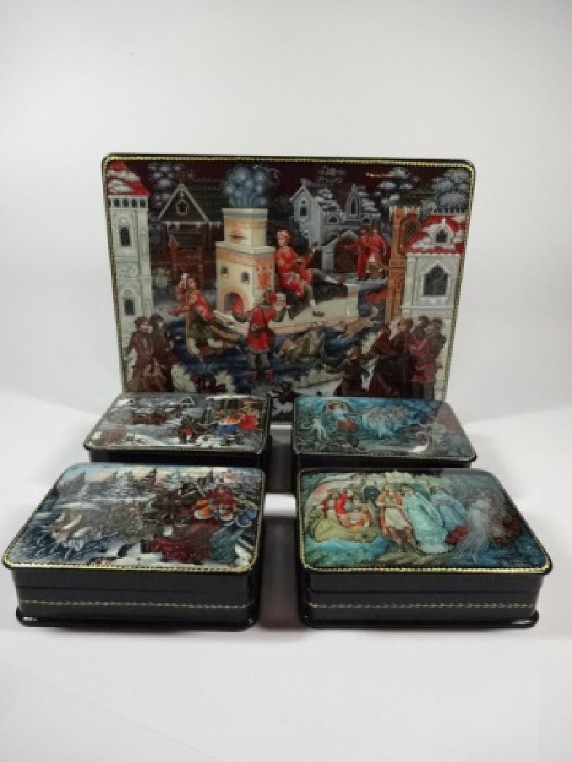 5 PC RUSSIAN HAND PAINTED LACQUERED BOXES, LARGE BOX (1 of 9)