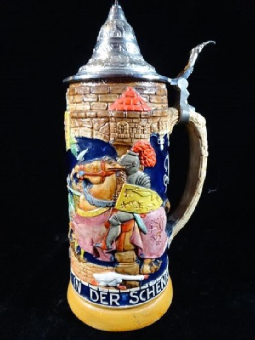 GERMAN PORCELAIN BEER STEIN, RELIEF DESIGN OF KNIGHT ON (1 of 5)