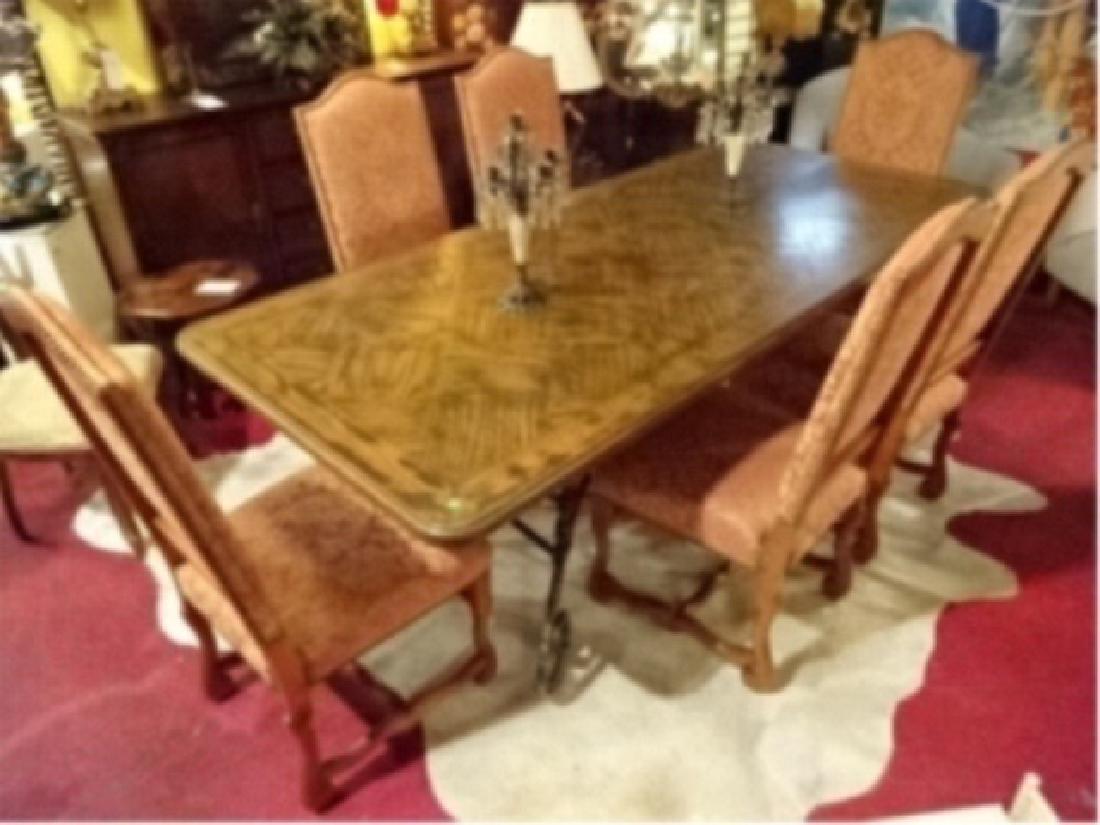 7 PC FRENCH STYLE WOOD AND METAL DINING TABLE WITH 6: 7 PC FRENCH STYLE WOOD AND METAL DINING TABLE WITH 6 LOUIS XIII STYLE DINING CHAIRS WITH NAILHEAD TRIM, VERY GOOD GENTLY USED CONDITION, TABLE MEASURES 90"W X 40"D X 29.5"H, SKU351.01