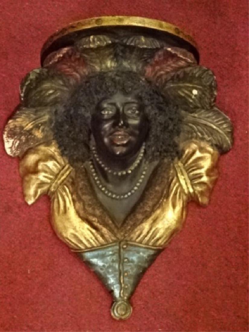 WOOD AND GESSO NUBIAN WALL BRACKET, PAINTED FINISH,: WOOD AND GESSO NUBIAN WALL BRACKET, PAINTED FINISH, GOOD VINTAGE CONDITION WITH SOME LOSS OF FINISH AND CRACKS, 19"H X 18"W X 9"D, SKU466.05 P30