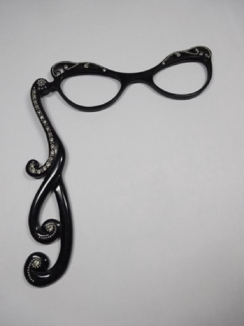 MASQUERADE GLASSES ON STICK, RHINESTONE ACCENTS, BLACK: MASQUERADE GLASSES ON STICK, RHINESTONE ACCENTS, BLACK PLASTIC, MADE IN FRANCE, APPROX 5 1/2" X 5 5/8"